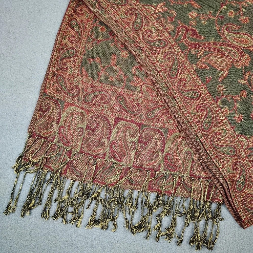 Cashmere Silk Scarf Shawl Paisley Sage Red Fall Vibes Fringe XL 27x72 Pashmina